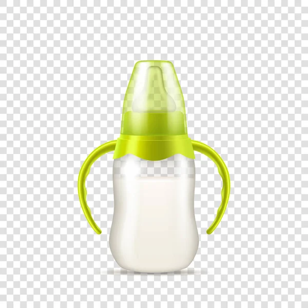 Realistic baby milk bottle. Bottle with handles for feeding newborn with pacifier nipple green cap — Stock Vector