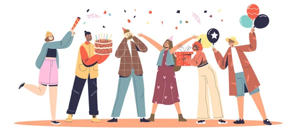 Group of people congratulating man with birthday or anniversary event. Celebration party — Image vectorielle
