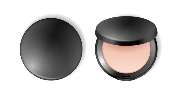 Face compact makeup powder face highlighter. Realistic cosmetic powder in black round plastic case — Wektor stockowy