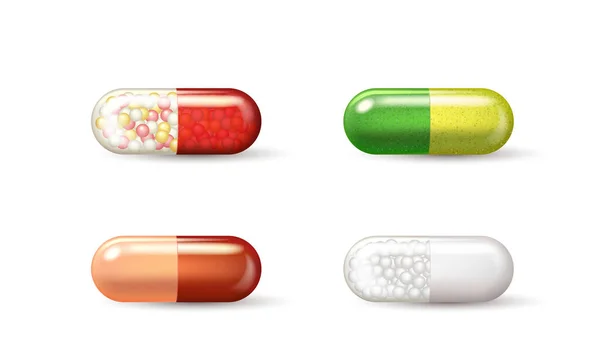 Set of medical pills, realistic capsules with colorful glossy halves. Pharmacy drugs, antibiotics — Stock vektor
