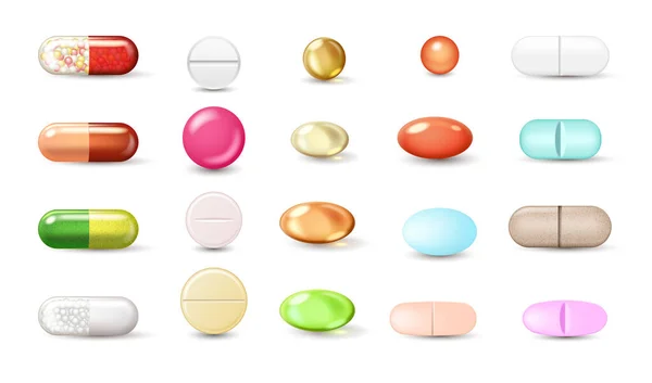 Pills and capsules realistic set. Tablets, vitamins and food supplement. Medicament and treatment — стоковый вектор
