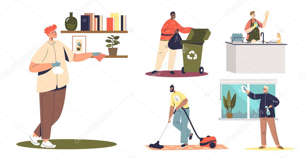 Men cleaning house working on household chores activities. Housekeeping concept