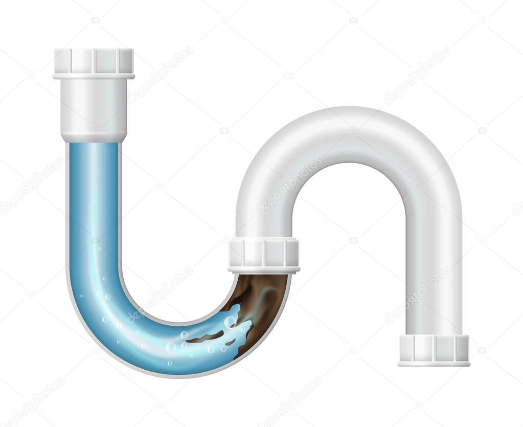 Realistic pipe with clogged drain canalization. Cleaning clogged piping waterway realistic element