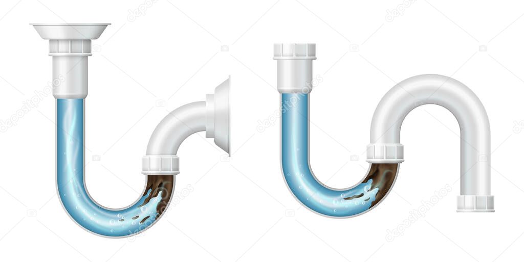 Realistic drain pipe clogged with mud, 3d set. Sink pipe with liquid cleaning detergent effect