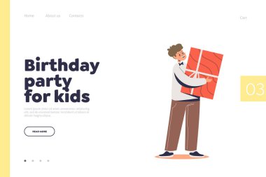 Çocukların doğum günü partisi konsepti. Heyecanlı ve yetenekli küçük bir çocukla iniş sayfası.