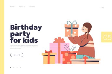 Çocukların doğum günü partisi konsepti Mutlu küçük bir kızla hediye yığınıyla iniş sayfası
