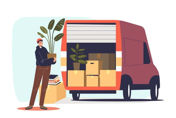 Homem com planta no carro do caminhão com caixas de papelão entregando ou enviando para nova casa para realocação —  Vetores de Stock