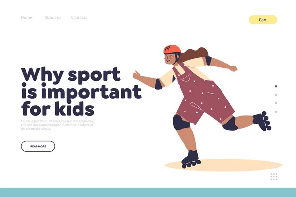 Sport important pour les enfants concept de page de destination avec fille dans le casque roulant sur patins à roulettes — Image vectorielle