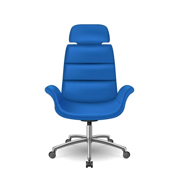 Cómoda silla de oficina sobre ruedas con líder azul o respaldo de tela. Taburete realista para sentarse a trabajar — Vector de stock