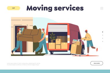 Moving services concept of landing page with worker loaders loading furniture and boxes to truck clipart