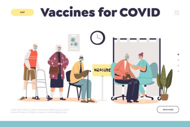 Covid-19 konsepti için aşılar. Aşı bekleyen bir grup yaşlı insanla iniş sayfası.