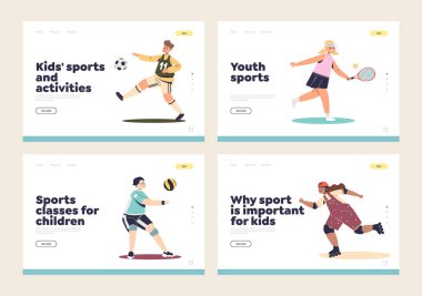 Çocukların iniş sayfaları için spor aktiviteleri çocuklarla basketbol, tenis, voleybol