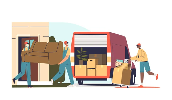 Taşımacılık işçisi yükleyicileri mobilya ve kutuları kamyona yüklüyor. Yeni daireye taşınıyorum. — Stok Vektör
