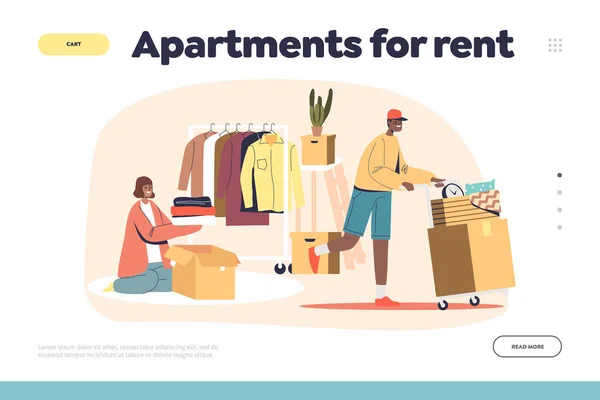 Apartment for rent concept of landing page with couple packing and loading cardboard boxes — Stock Vector