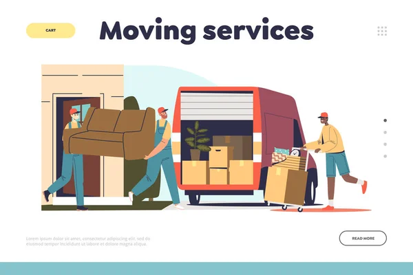 Conceito de serviços móveis de landing page com carregadores de trabalhadores carregando móveis e caixas para caminhão —  Vetores de Stock