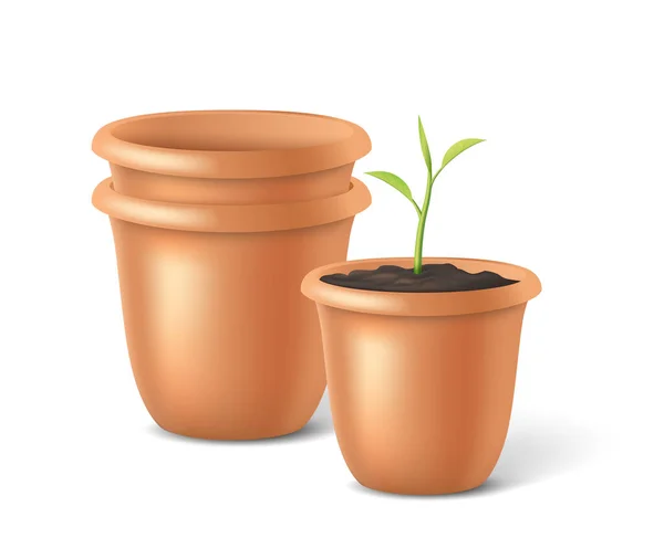 Ensemble de pots de fleurs en céramique pour le jardinage, jardin intérieur, cultiver des plantes à la ferme. Pots de fleurs en terre cuite — Image vectorielle