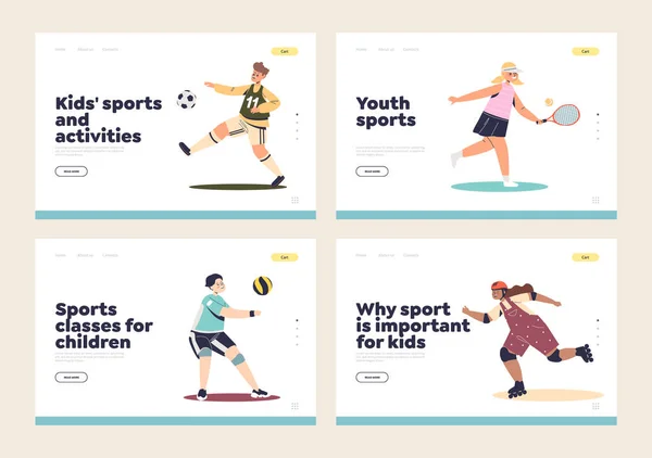 Attività sportive per bambini landing pages set con bambini pallacanestro, tennis, pallavolo — Vettoriale Stock