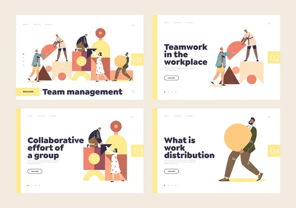 Lavoro di squadra e collaborazione sul posto di lavoro concetto di pagine di destinazione impostato con le persone che lavorano in team — Vettoriale Stock