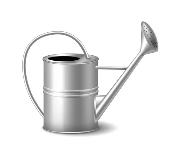 Realistic metal watering can for work in garden. Gardening and farming tool icon — Stock Vector