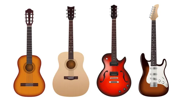 Set de guitarras acústicas y eléctricas realistas. Clásico y moderno icono de instrumentos de música de cuerda — Vector de stock