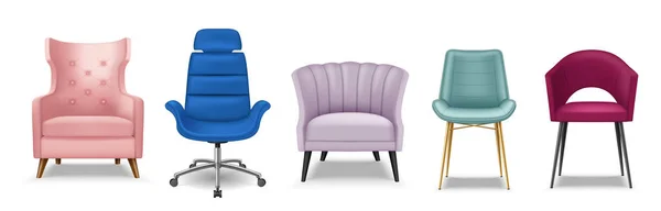 Conjunto de sillas realistas, sillones taburetes para diseño de interiores, loft, sala de estar clásica o de lujo — Vector de stock