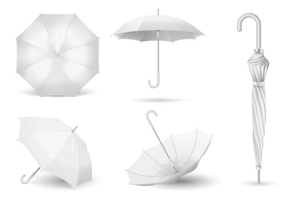 Set of white umbrellas 3d realistic design. Open and closed parasols mockup — Stock Vector