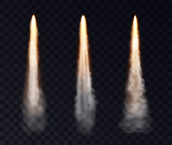 Trilhas de foguetes. Aeronave espacial lança fumaça, pista de jatos de avião e nuvem de fumaça da aeronave —  Vetores de Stock