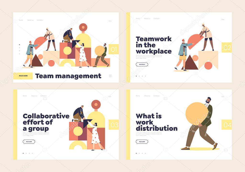 Teamwork and collaboration at workplace concept of landing pages set with people work in team
