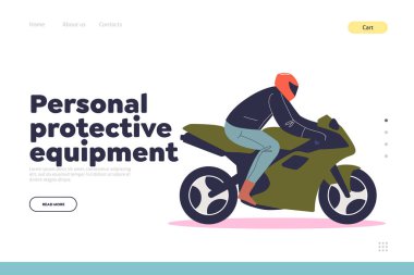 Spor motosikleti süren adamın iniş sayfası kişisel koruma ekipmanı konsepti