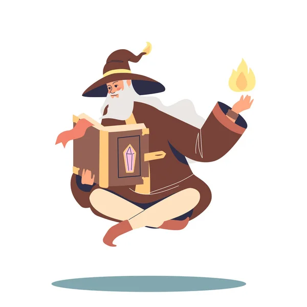 Old varázsló varázsló varázsló olvasni varázslat könyv lebegtető, hogy mágikus tűz viselni bűvész köntös és kalap mondani varázslat — Stock Vector