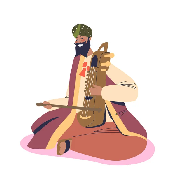 Traditional indian artist wedding musician man in national clothes playing on sarangi — Stock Vector