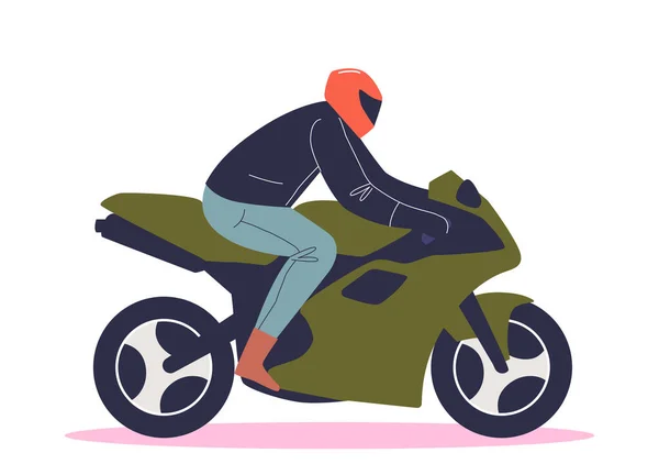Uomo che guida moto sportive. Elegante motociclista maschile in moto con casco protettivo — Vettoriale Stock
