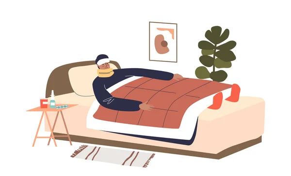 Zieke man in bed heeft koorts, griep of kou. Ongezonde zieke man thuis onder de deken — Stockvector