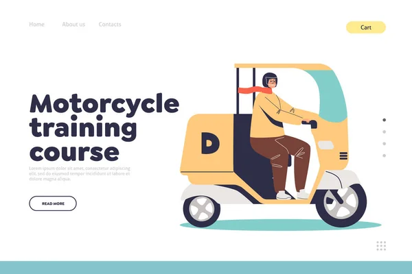 Cours de formation moto concept de page d'atterrissage avec l'homme conduisant scooter de moto électrique — Image vectorielle