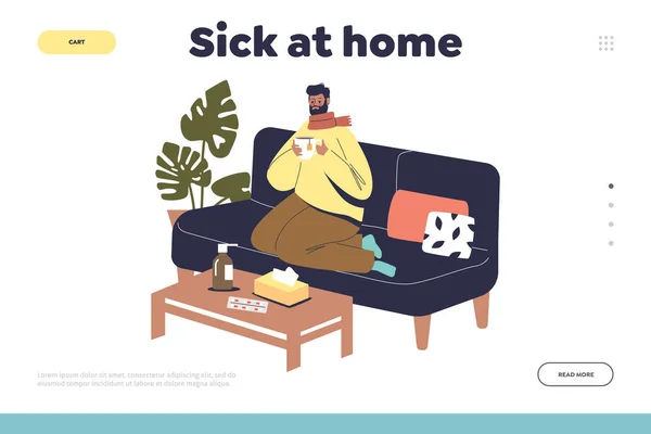 Kranke zu Hause mit Halsschmerzen, Husten und Fieber — Stockvektor
