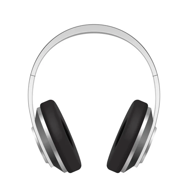 Earphones realistic. Silver headphone front view. Audio gadget with speaker, wireless mobile earbuds — Stock Vector
