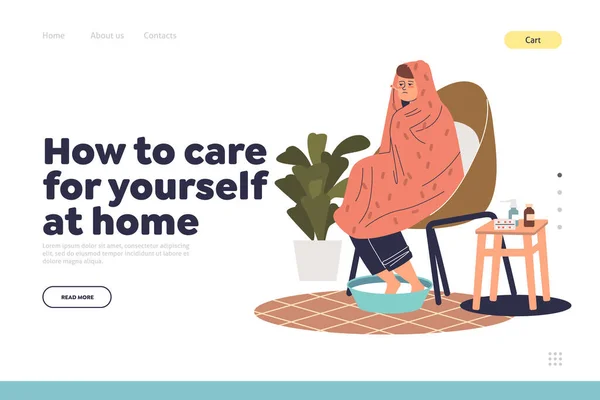 Vård för sjuka hemma begreppet landningssida med sjuk man med kyla lider av feber — Stock vektor