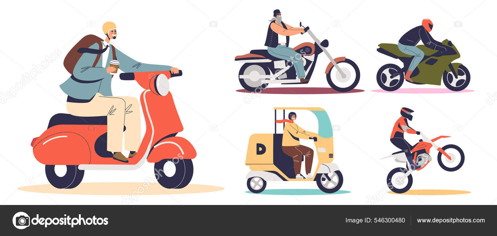 Conjunto de vetores de bicicleta, scooter e motos dos desenhos
