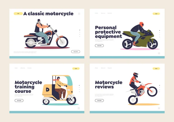 Motocyklista na motocyklach koncepcja strony lądowania zestaw z mężczyzn rowerzystów jazda różnych motocykli — Wektor stockowy