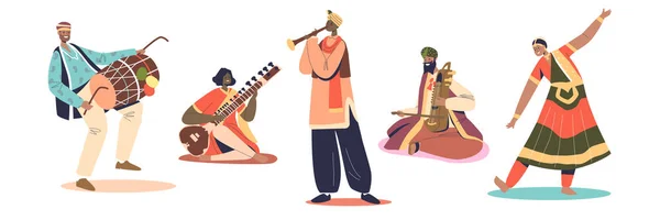 Set di artisti indiani musicisti uomini che suonano su strumenti musicali tradizionali e ballerini — Vettoriale Stock