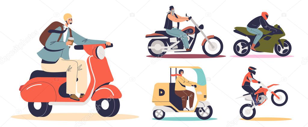 Set of motorcyclist on motorbikes. Men bikers riding different motorcycles electric scooters, bikes