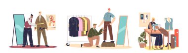 Terziler, lağımcılar, terziler ve terziler iş başında. İnsanlar moda tasarımcıları kıyafet yapıyor