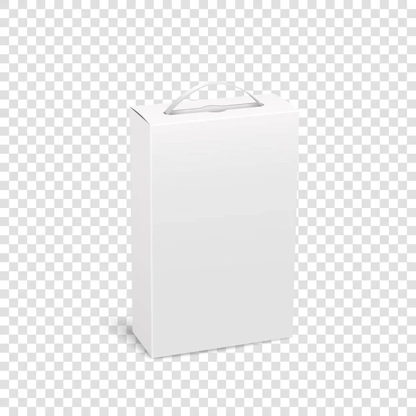 Caixa de pacote branco realista com alça para software, modelo de produtos de dispositivo eletrônico — Vetor de Stock