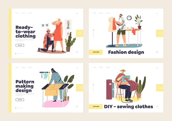 Cucire concetto di abbigliamento landing page impostato con le persone che lavorano in atelier o in studio di abbigliamento sartoriale — Vettoriale Stock