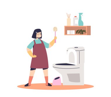 Banyoda tuvalet temizleyen kız. Küçük çocuklar ev işlerine ve ev işlerine yardım eder.