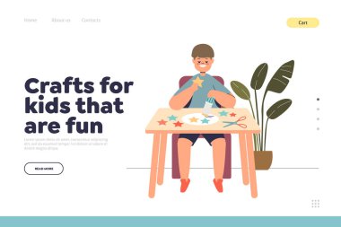 Çocukların iniş sayfası konsepti için komik el sanatları. Küçük çocuk kağıt yapıştırıcı kullanıyor.