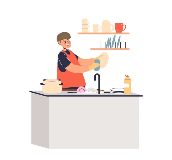 穿围裙的男孩在厨房洗碗。小孩在家里帮忙做家务活 — 图库矢量图片