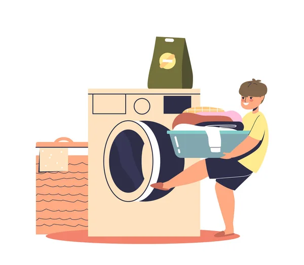 小男孩把衣服装进洗衣机.小孩在家里帮忙做家务活 — 图库矢量图片