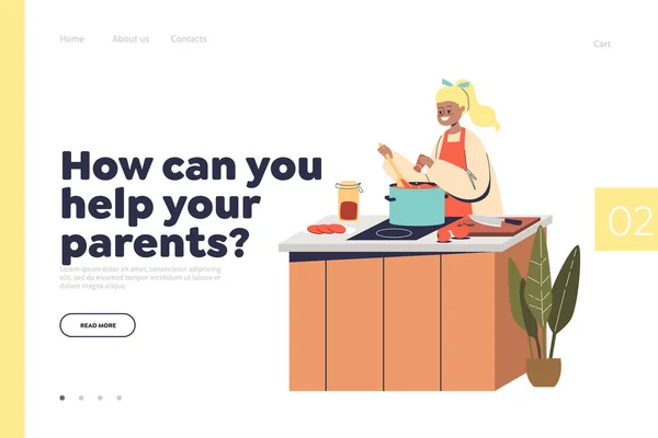 Mutfakta yemek pişiren kız çocuk ve ebeveynlerin iniş sayfası konseptine yardım et. Küçük çocuk ev işi yapıyor. — Stok Vektör
