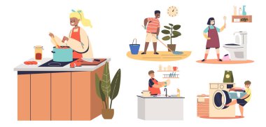 Evde ev işlerine yardım eden çocuklar, yemek, temizlik, bulaşık.